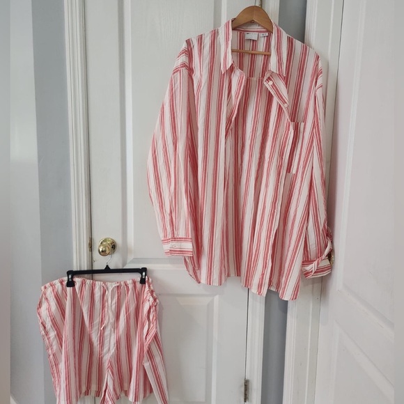 ASOS DESIGN Curve relaxed shirt and shorts in red deckchair stripe - Picture 7 of 11